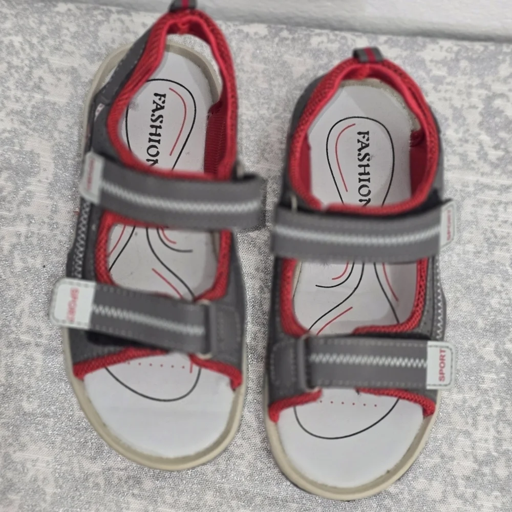 Red and Gray Sandals with Velcro Straps and Cushioned Footbed